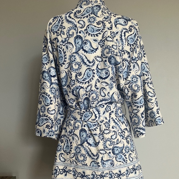 ZARA WOMAN BELTED PARSLEY PRINTED LINEN BLEND KIMONO JACKET BLUE WHITE XS-S‎ - Picture 4 of 10